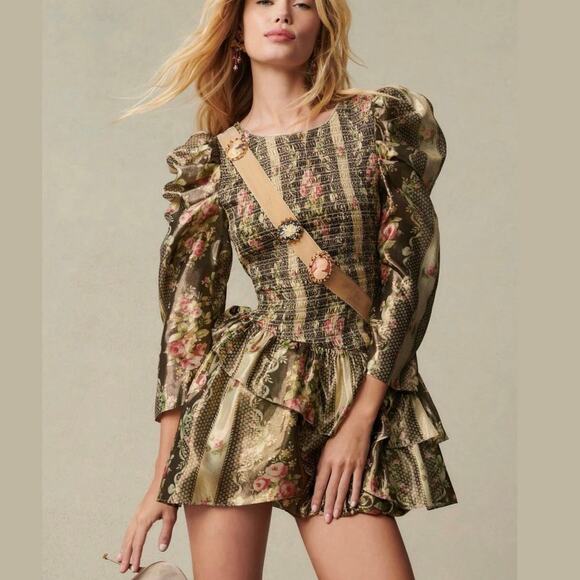 LoveShackFancy NWT Greenwich Midnight Ruby Gold Metallic Smocked Mini Dress XS - Picture 1 of 17